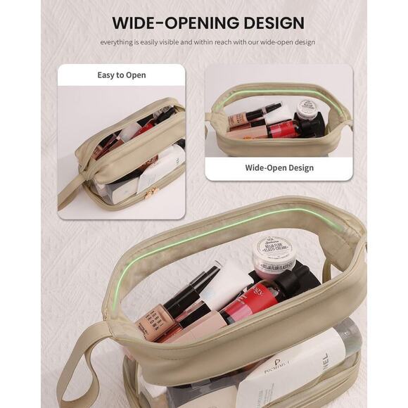 Clear Makeup Bag PU Leather Large Wide-Open Double Layer Cosmetic Bag - Picture 2 of 6